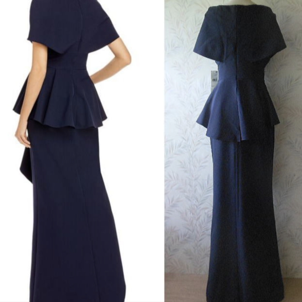 Aidan Mattox Shawl Neckline Peplum Navy Long Formal Dress Size 4 NWT MSRP $395 - Picture 2 of 14